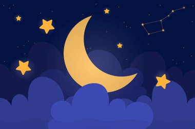 Hilal ile gece gökyüzü. Yıldızlar, takımyıldızlar ve bulutların yakınındaki ay. Güzel doğal manzara ve manzara. Uyuyor ve rüya gibi bir gece geçiriyor. Çizgi film düz vektör çizimi
