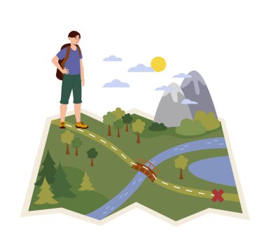 Oğlan seyahate çıkıyor. Sırt çantalı bir genç haritada duruyor. Doğal manzara, dağlar, göl ve çayır. Yol planlama. Yürüyüş ve kamp, aktif yaşam tarzı. Çizgi film düz vektör çizimi