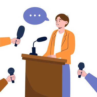 Seçim öncesi toplantı. Adam yanında mikrofonla dikiliyor. Politikacı tartışmada konuşur, gazetecilerin sorularını cevaplar. Röportaj için basın. Çizgi film düz vektör çizimi