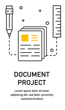 Belge projeli satır ilanı. Metin kağıtlarının yanına kalem ve cetvel. İş süreçleri ve verimli iş akışı organizasyonu. Yıllık şirket raporu. Düz vektör illüstrasyonu