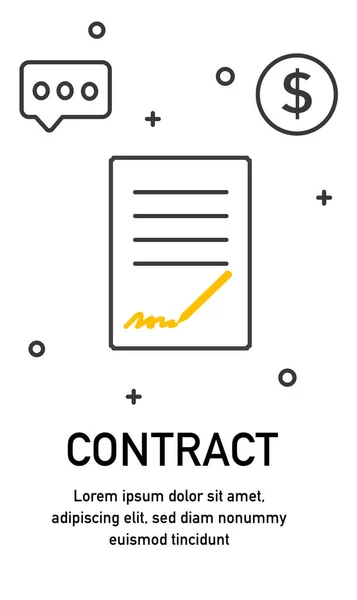 Lijnbanner Met Contract Document Regeling Overeenkomst Affiche Met Infographics Bedrijfsprocessen — Stockvector