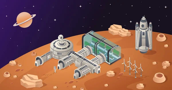 Concept Colonisation Mars Rocket Côté Base Serre Avec Des Plantes — Image vectorielle