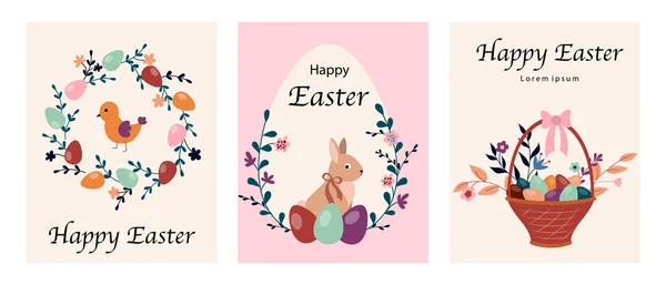 Gelukkige Pasen Spandoeken Gezet Verzameling Van Affiches Met Takken Kleurrijke — Stockvector