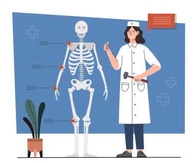 Romatoloji kavramları. İskeletin yanındaki tıp üniformalı kadın. Sağlık, teşhis ve tedavi seçenekleri. Biyoloji ve anatomi, ameliyat. Çizgi film düz vektör çizimi