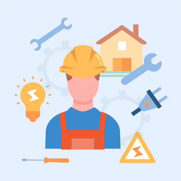 建設帽子のエンジニア 制服を着た男はレンチや道具で家の前に立っている 建設を構築する 漫画フラットベクターイラスト — ストックベクタ