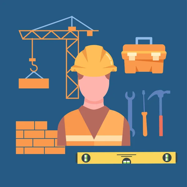 建設帽子のエンジニア 制服の男はレンガとツールボックスでクレーンの前に立っています 建築と建築について 道具を持った労働者 漫画フラットベクターイラスト — ストックベクタ