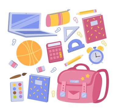 Çocuklar için okul eşyası. Öğrenmek için malzeme topluyorum. Sırt çantası, hesap makinesi, basketbol ve cetvel. Dizüstü bilgisayar ve defter. Beyaz arkaplanda izole edilmiş çizgi film düz vektör çizimleri