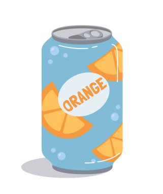 Soda alüminyum kutu portakal. Doğal ve organik ürünlerden meyve suyu. Çelik pakette şekerli soğuk ve ferahlatıcı bir içecek. Web sitesi afişi ya da afişi. Çizgi film düz vektör çizimi