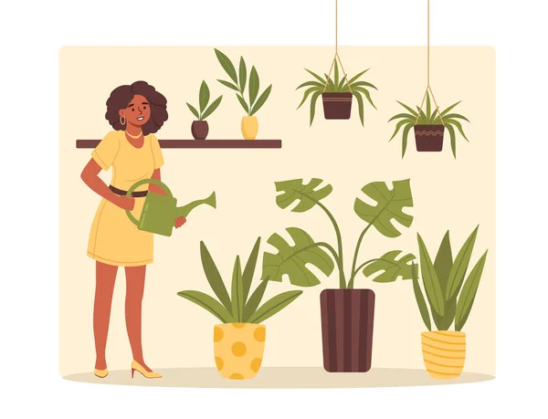 女孩和植物 浇水的女人可以站在花盆旁边 植物学和植物学 室内园艺 对花卉的热爱 舒适舒适的公寓 卡通平面矢量插图 — 图库矢量图片