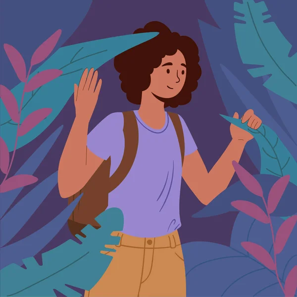 Lány Erdőben Utazik Hátizsákos Trópusi Növények Között Áll Aktív Életmód — Stock Vector