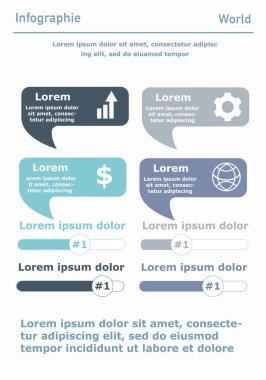 Infographic posteri veya afişi. Konuşma baloncukları ve ilerleme çubukları. Yıllık iş araştırmaları, kurumsal rapor ve sunum. Şablon, yerleşim ve modelleme. Düz vektör illüstrasyonu