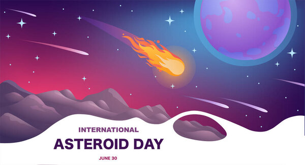 Asteroid day banner. Comets fall against background of starry sky and planets. Cosmic bodies in outer space, galaxy and universe. Astrology and astronomy. Cartoon flat vector illustration