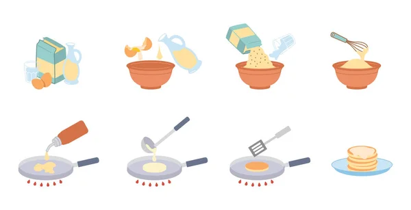 Приготовление Пищи Установлено Этапы Приготовления Блюд Блинчиков Коллекция Посуды Тарелок — стоковый вектор