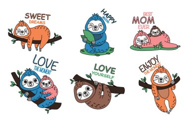 Bir grup şirin tembel hayvan. Karalama tarzında tropikal ve egzotik Asya hayvanlarının toplanması. Sosyal ağlar ve kuryeler için çıkartmalar. Beyaz arkaplanda izole edilmiş çizgi film düz vektör çizimleri