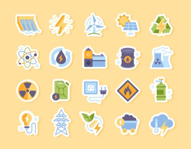 Enerji etiketleri ayarlandı. Enerji ve elektrik kaynakları olan site simgeleri. Güneş paneli, yel değirmeni. Pil ve fabrika, nükleer ve su istasyonu. Düz vektör koleksiyonu sarı arkaplanda izole edildi