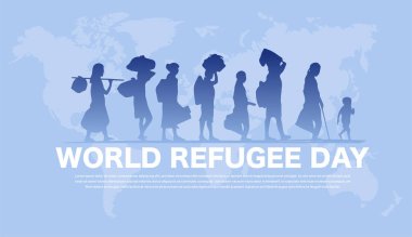 Dünya mülteci günü. Uluslararası bayram ve festival 20 Haziran. Çantalı kadın ve erkeklerin siluetleri. Göçmenler ve taşınanlar. Yürüyen insanlar ev arar. Çizgi film düz vektör çizimi