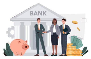 Bankacılık endüstrisi konsepti. Erkek ve kadın, binanın arka planında altın sikkelerin ve kumbaraların yanında el sıkışıyor. Finansal okuryazarlık, transferler ve işlemler. Çizgi film düz vektör çizimi