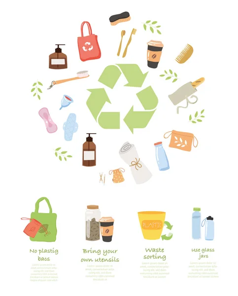 Infografía Cero Residuos Reciclaje Reutilización Materiales Clasificación Residuos Rechazo Bolsas — Vector de stock
