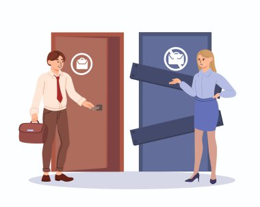 Ayrımcı kadın konsepti. Adam açık kapının yanında ve kız neredeyse kapalı. Eşit kariyer fırsatları ve hakları, feminizm ve hoşgörü için savaş. Birlik ve saygı. Çizgi film düz vektör çizimi