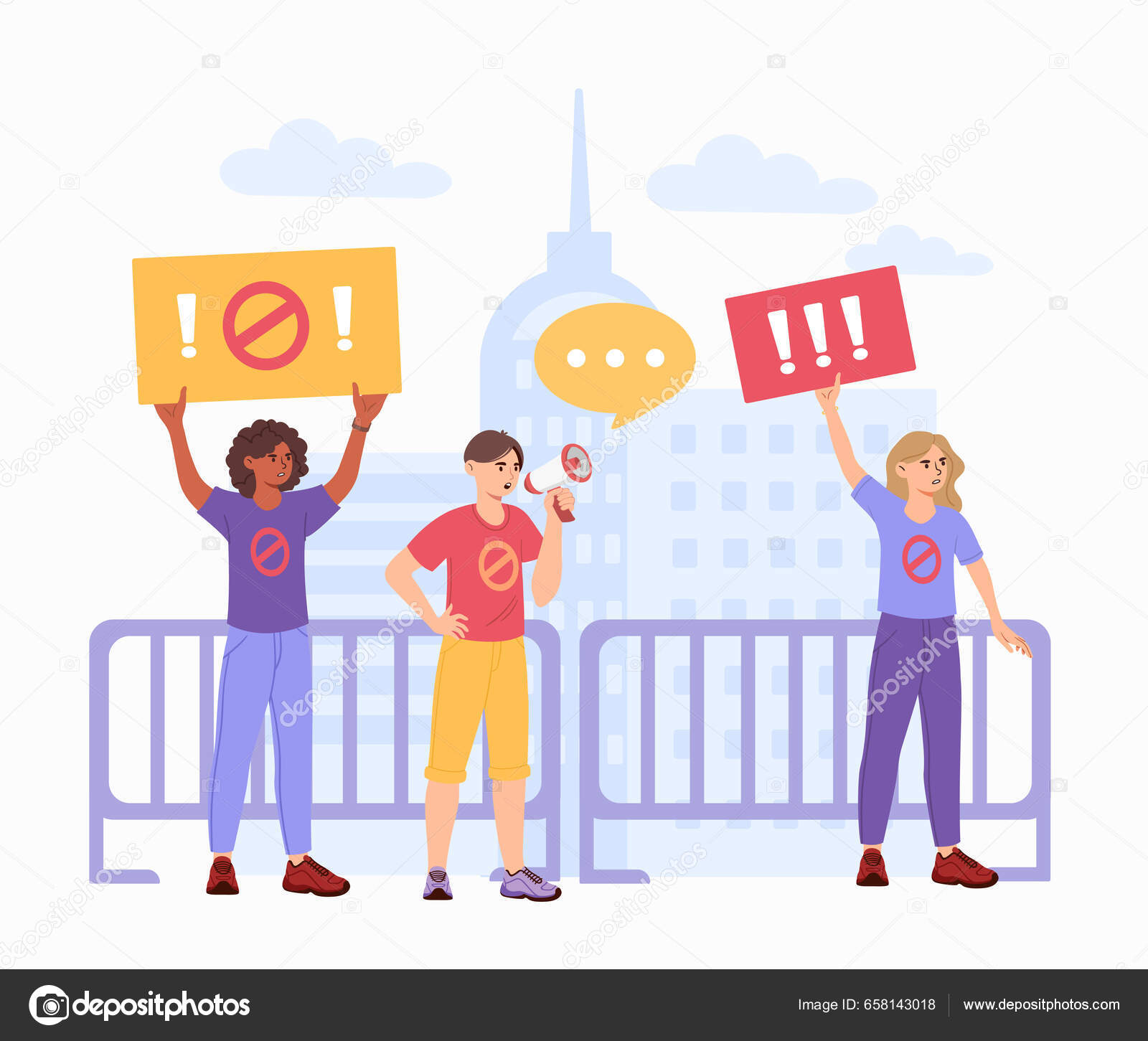 Manifestantes Ciudad Hombre Con Altavoz Mujeres Con Letreros Calle Sociedad  Vector de stock #658143018 de ©mentalmind, image size:1600x1451