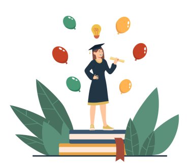Kız mezun konsepti. Sertifikalı ve diplomalı bir kadın şapkalı büyük kitapların üzerinde durur. Eğitim, öğrenme ve eğitim. Yetenekli genç bir profesyonel, uzman. Çizgi film düz vektör çizimi