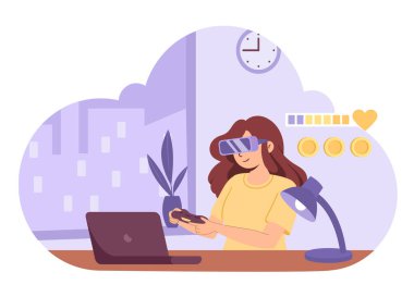 Kız VR oyunu oynuyor. Bilgisayarın önünde elinde joystick ile sanal gerçeklik gözlükleriyle oturan bir kadın. Boş zaman ve eğlence, video oyunları ve oyun salonu. Meta-evren ve siber uzay. Çizgi film düz vektör çizimi