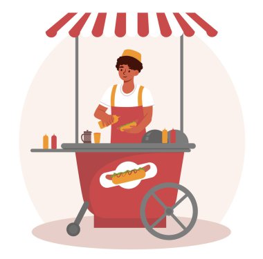 Sosisli sandviç satıcısı. Adam üniformalı sosisli sandviçle ayakta duruyor. Fast and street food, catering, abur cubur. Genç adam hardal ve ketçap ekliyor. Çizgi film düz vektör çizimi