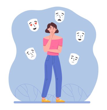 Ruh hali konsepti. Kadın, farklı duyguları olan maskelerin yanında duruyor. Bipolar bozukluk, akıl hastalığı, psikoloji. Mutlu, üzgün ve sakin bir karakter. Çizgi film düz vektör çizimi