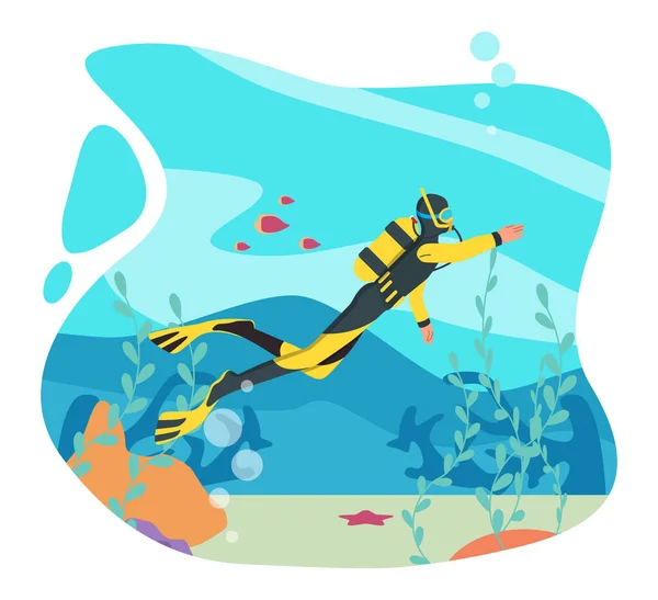 Taucher Unterwasserkonzept Der Mann Overalls Und Maske Mit Sauerstofftanks Schwimmt — Stockvektor