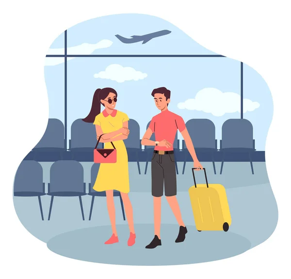 Family Trip Concept Woman Man Luggage Walking Airport Air Travel — Stock Vector