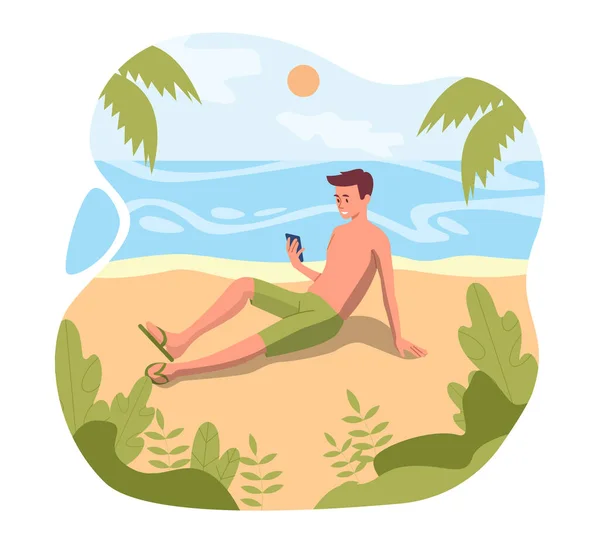 Odpocznij Plaży Człowiek Smartfonem Ręku Siedzi Piasku Pobliżu Morza Turysta — Wektor stockowy