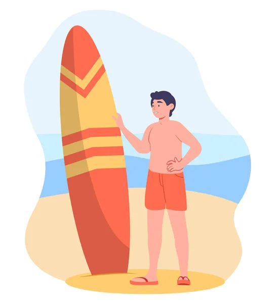 Surfer Plaży Mężczyzna Czerwonych Kąpielówkach Deską Surfingową Piasku Aktywny Tryb — Wektor stockowy