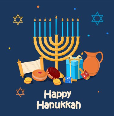 Happy hanukkah poster. Traditional Israeli holiday and festival 7 december. Jug with drink, gift, donuts and candlestick. Dreidels, spinning top, Hebrew letters. Cartoon flat vector illustration clipart