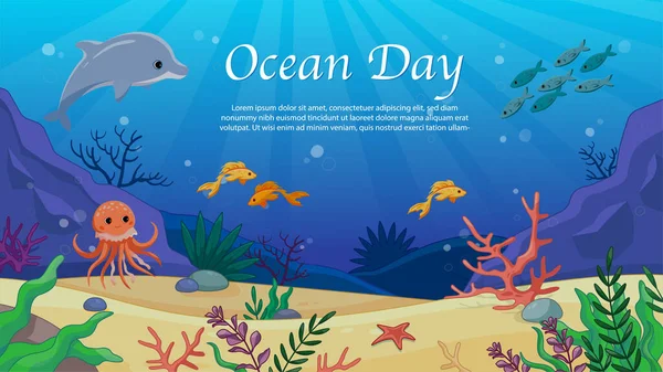 Día Mundial Los Océanos Representantes Del Mundo Submarino Delfines Peces — Archivo Imágenes Vectoriales
