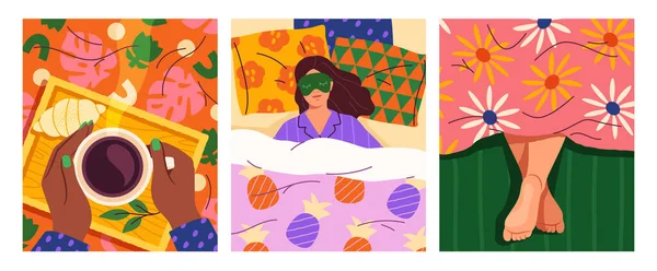 朝食と朝食セット 女性は居心地の良い毛布の下でベッドの枕で寝ています 目覚め リラックスのコンセプト 女性キャラクター コーヒー クロワッサン付きのポスター 漫画フラットベクターコレクション — ストックベクタ