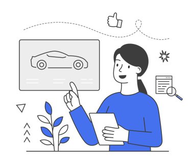 Reklam ve araba satışı. Anlaşma, araba paylaşımı, ulaşım konsepti. Kârlı alımlar için yardım. Web sitesinde kaliteli otomobil sunan bir kadın. Beyaz arkaplanda çizgi film düz vektör çizimi