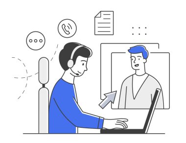 Çağrı merkezinde müşteri hizmetleri. Malları telefonla satıp satın almak. Yardım hattı, teknik destek ve tele pazarlama. Santral çalışanı, belgelerde adama tavsiye veriyor. Çizgi film düz vektör çizimi