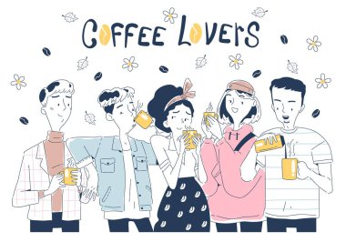 İnsanlar kahve içer. Kahve dükkanındaki karakterler sıcak içeceklerinin tadını çıkarıyorlar. Bir grup arkadaş birlikte zaman geçirir ve konuşurlar. Karalama yapan kadın ve erkek el çizimi tarzında. Çizgi film düz vektör çizimi