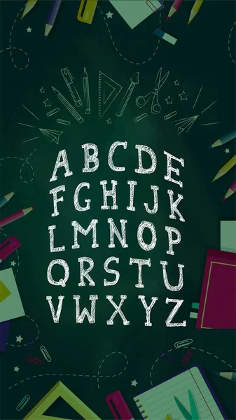 Conselho Escolar Com Alfabeto Fonte Símbolos Letras Maiúsculas Desenhadas Com —  Vetores de Stock