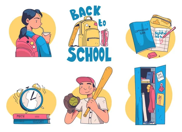 Wracamy Szkolnych Ikon Naklejki Zaopatrzeniem Uczniami Uczeń Grający Baseball Podręczniki — Wektor stockowy