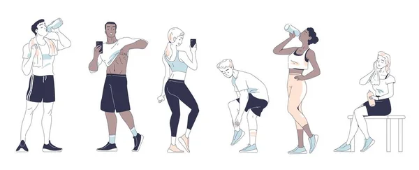 체육관에 사람들은 운동복에 적합합니다 캐릭터는 운동을합니다 남성과 여성은 거울에서 사진을 — 스톡 벡터