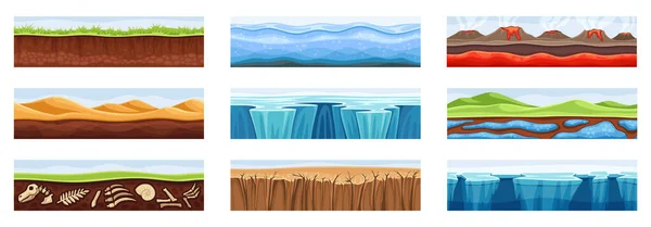 stock vector Underground sections set. Layers under surface of earth and water. Geology seamless stickers with sand, grass, glaciers, bones and gravel. Cartoon flat vector collection isolated on white background