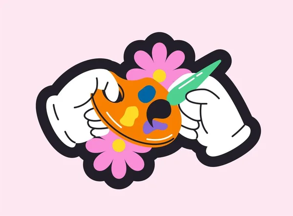Sticker Mit Künstlerhänden Helles Symbol Mit Palette Farben Und Blumen — Stockvektor