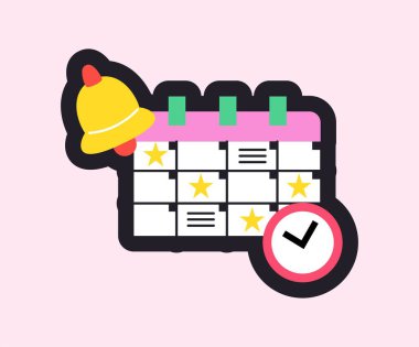 Takvim renk simgesi. Üzerinde notlar ve hatırlatıcılar olan parlak bir etiket. Okul, zaman çizelgesi ve program konsepti. Sosyal medya ve internet siteleri için sevimli bir rozet. Beyaz arkaplanda çizgi film düz vektör çizimi