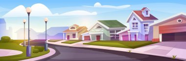 Suburban houses landscape. Horizontal banner with wooden houses, cottages, road, grass and lanterns. Summer weather in village district. Township with blue sky. Cartoon flat vector illustration clipart