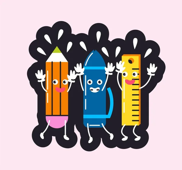 Icône Fournitures Scolaires Sticker Avec Stylo Drôle Crayon Règle Pour — Image vectorielle