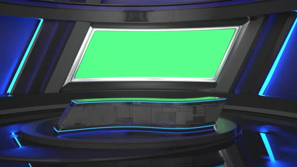 テレビやニューススタジオ 緑色のスクリーンまたはクロマキー 一般的なテレビルームとクローズアップ スクリーンと表彰台でニュースルームのベーキンググラウンドを移動します 編集ビデオ 4Kのグラフィック3Dレンダリングアニメーション — ストック動画