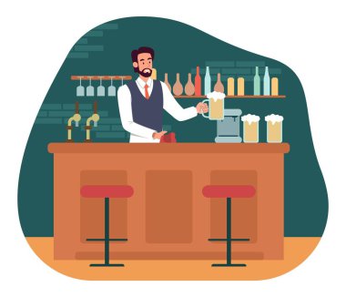 Alkollü barmen. Üniformalı adam tezgahın arkasında elinde lezzetli alkollü içeceklerle bekliyor. Elinde köpüklü bir bardak bira tutan genç adam. Çizgi film düz vektör çizimi