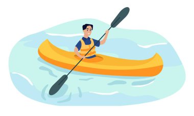 Kano kavramı. Adam gölde ya da nehirde kano ya da kanoyla yüzer. Aktif yaşam tarzı ve ekstrem spor. Yarışmada sporcu ya da sporcu. Tatil ve tatil. Çizgi film düz vektör çizimi
