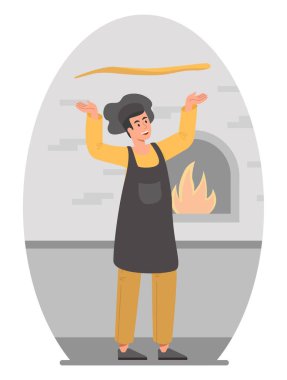 Erkek pizzası konsepti. Adam hamur parçasını fırının yanına atıyor. Geleneksel İtalyan mutfağı, fast food. Yemek ve kafe. Reklam afişi ya da afişi. Çizgi film düz vektör çizimi